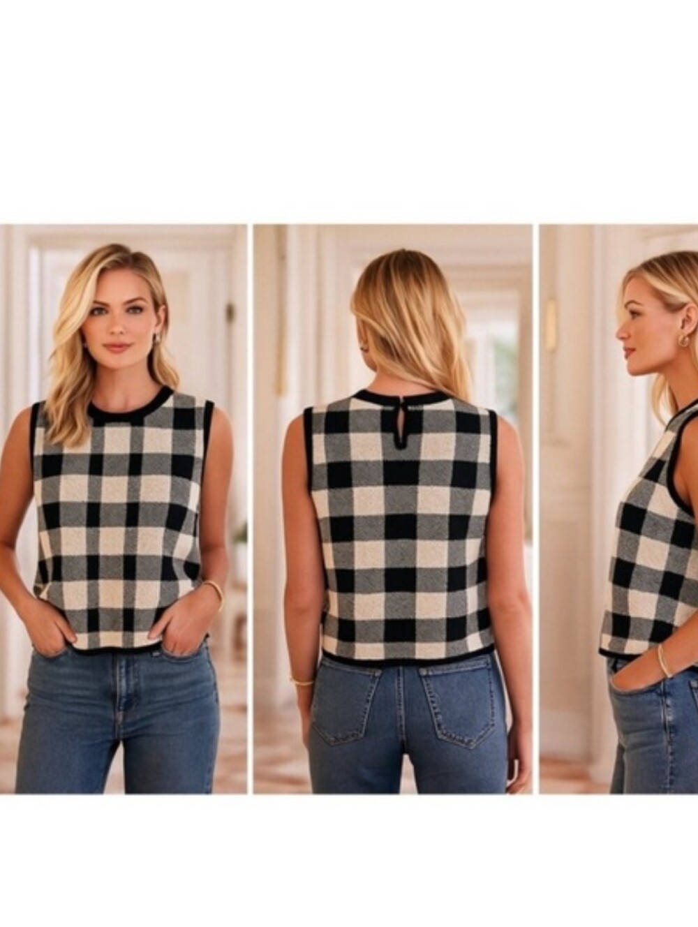 Pomander Place Black White Checkered Wool Blend Sweater Vest NWT Womens Large